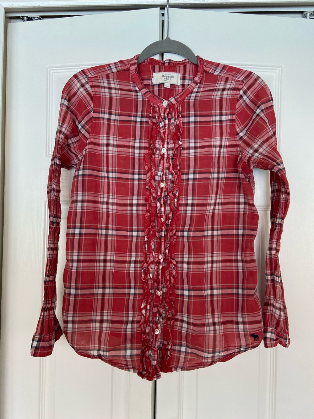 Abercrombie & Fitch Red Plaid Ruffle Front Button-Up Top